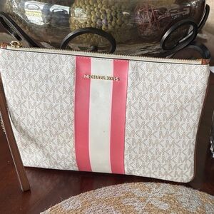 Michael Kors Pink and White Stripe Signature Wristlet Clutch